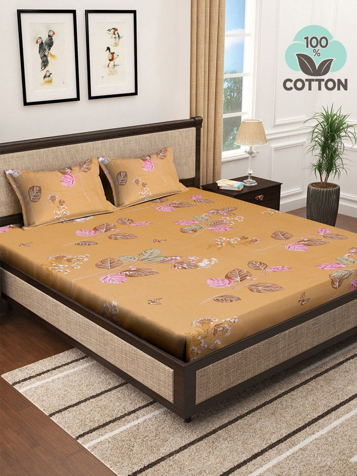 KLOTTHE Yellow Floral Pure Cotton 400 TC Fitted King Superfine Bedsheet with 2 Pillow Covers-98 x 89 inches