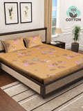 KLOTTHE Yellow Floral Pure Cotton 400 TC Fitted King Superfine Bedsheet with 2 Pillow Covers-98 x 89 inches