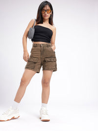 DressBerry Women Edgy Cool High-Rise Washed Denim Cargo Shorts