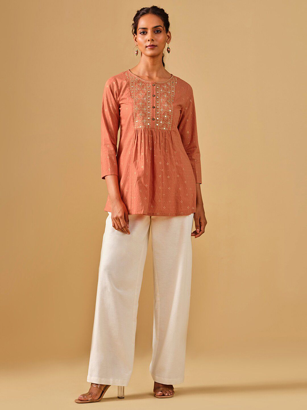 Global Desi Printed Round Neck Pure Cotton Empire Top