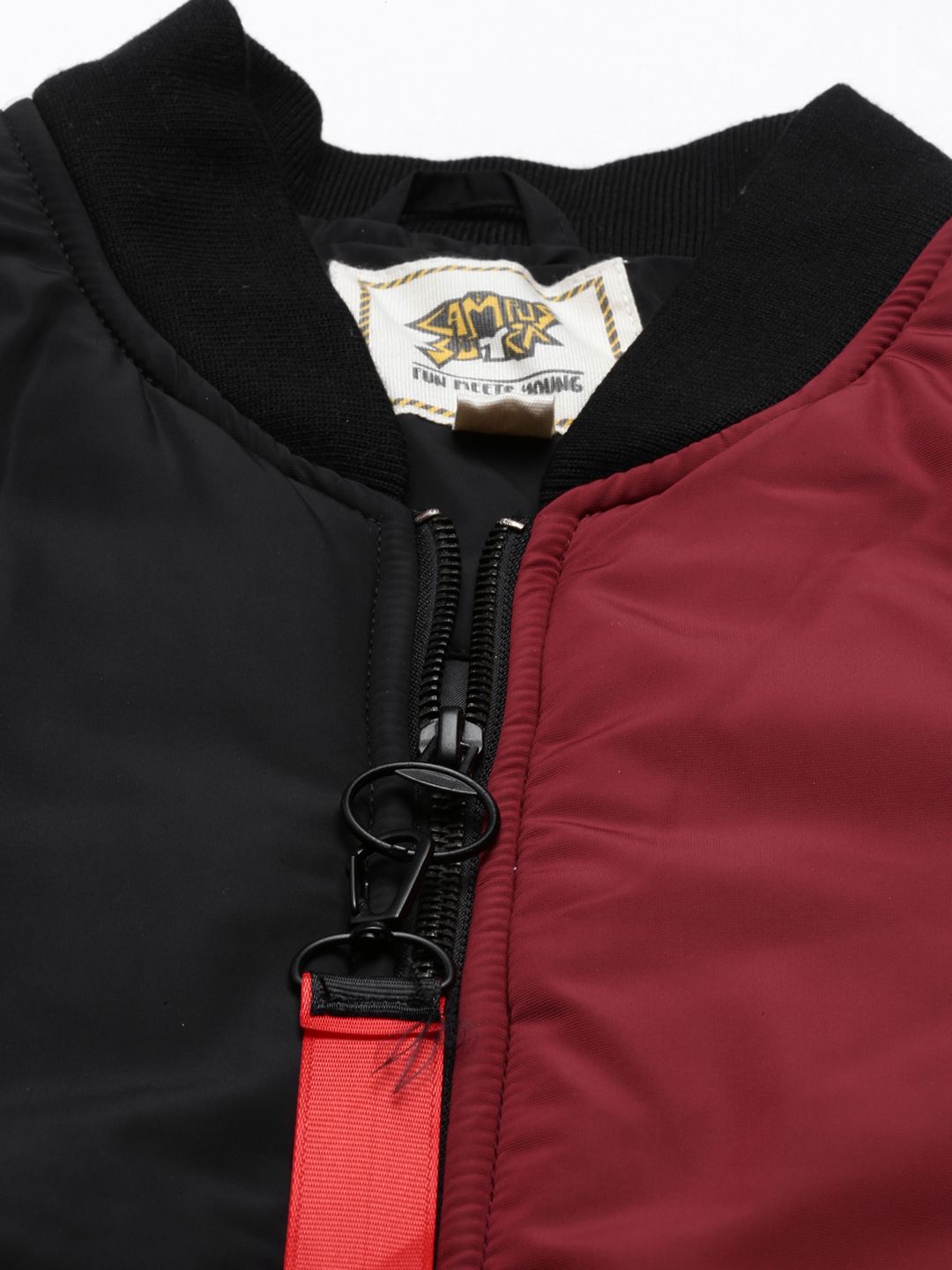Campus Sutra Women Black& Maroon Colourblocked Windcheater Outdoor Bomber Jacket