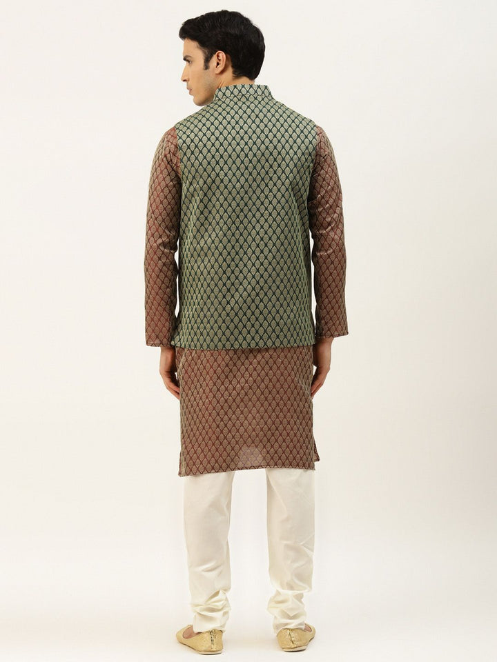SOJANYA Men Maroon Woven Design Kurta with Churidar & Nehru Jacket