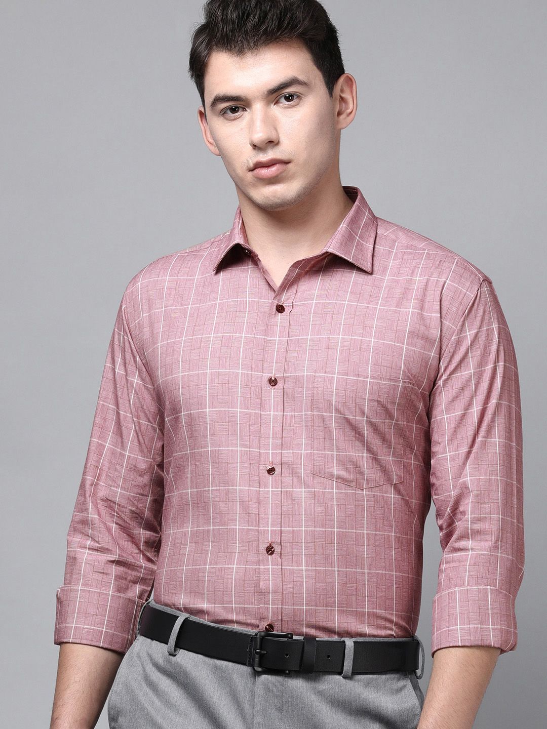Park Avenue Men Pink Slim Fit Windowpane Checked Pure Cotton Formal Shirt