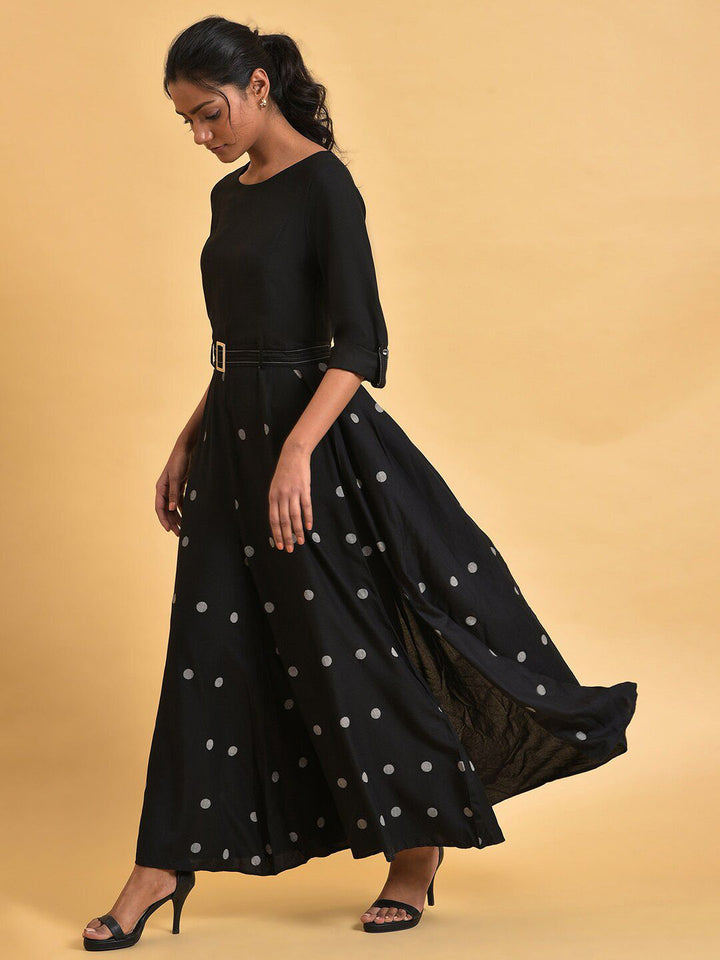 W Black & Grey Polka Dots Printed Pleated Belted Culotte Jumpsuit
