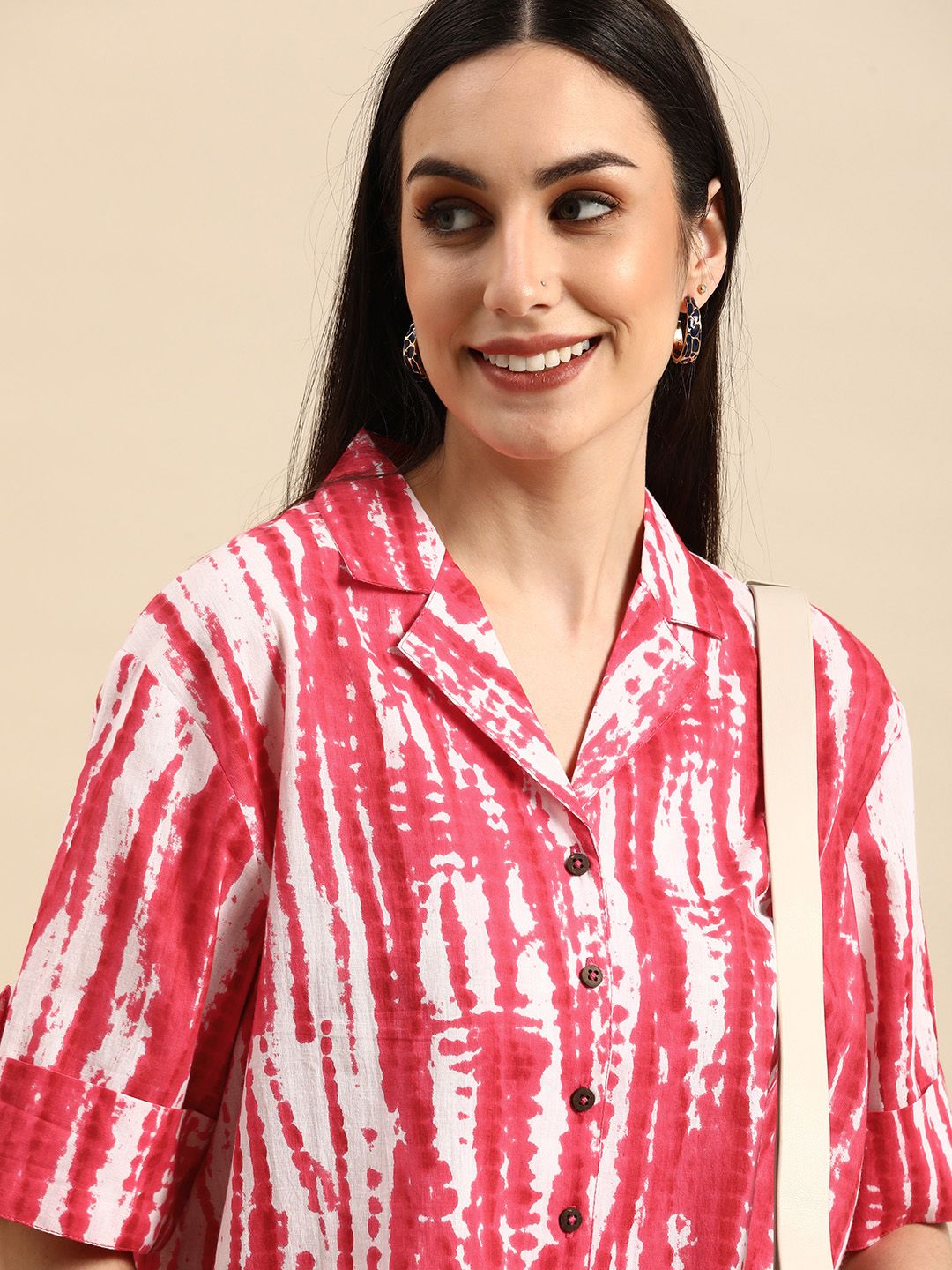 Anouk Pink Tie and Dye Print Roll-Up Sleeves Top