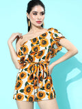 Berrylush Women Bright Yellow Printed One-Shoulder Jumpsuit