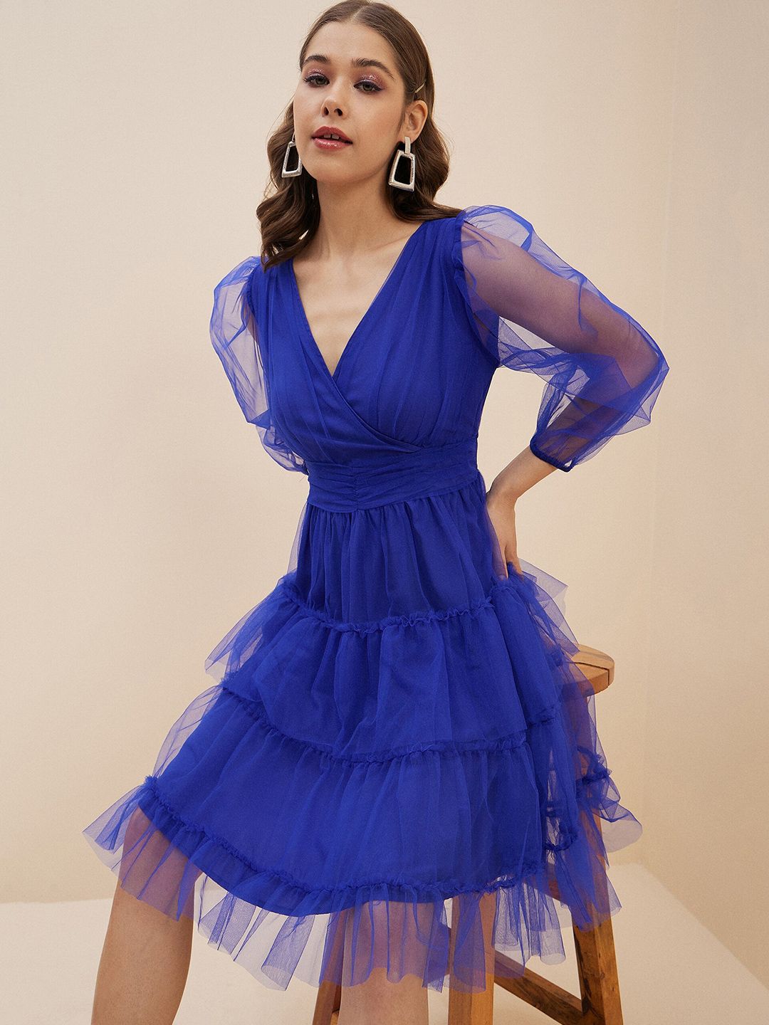 Antheaa Blue Puff Sleeve Net Fit & Flare Dress