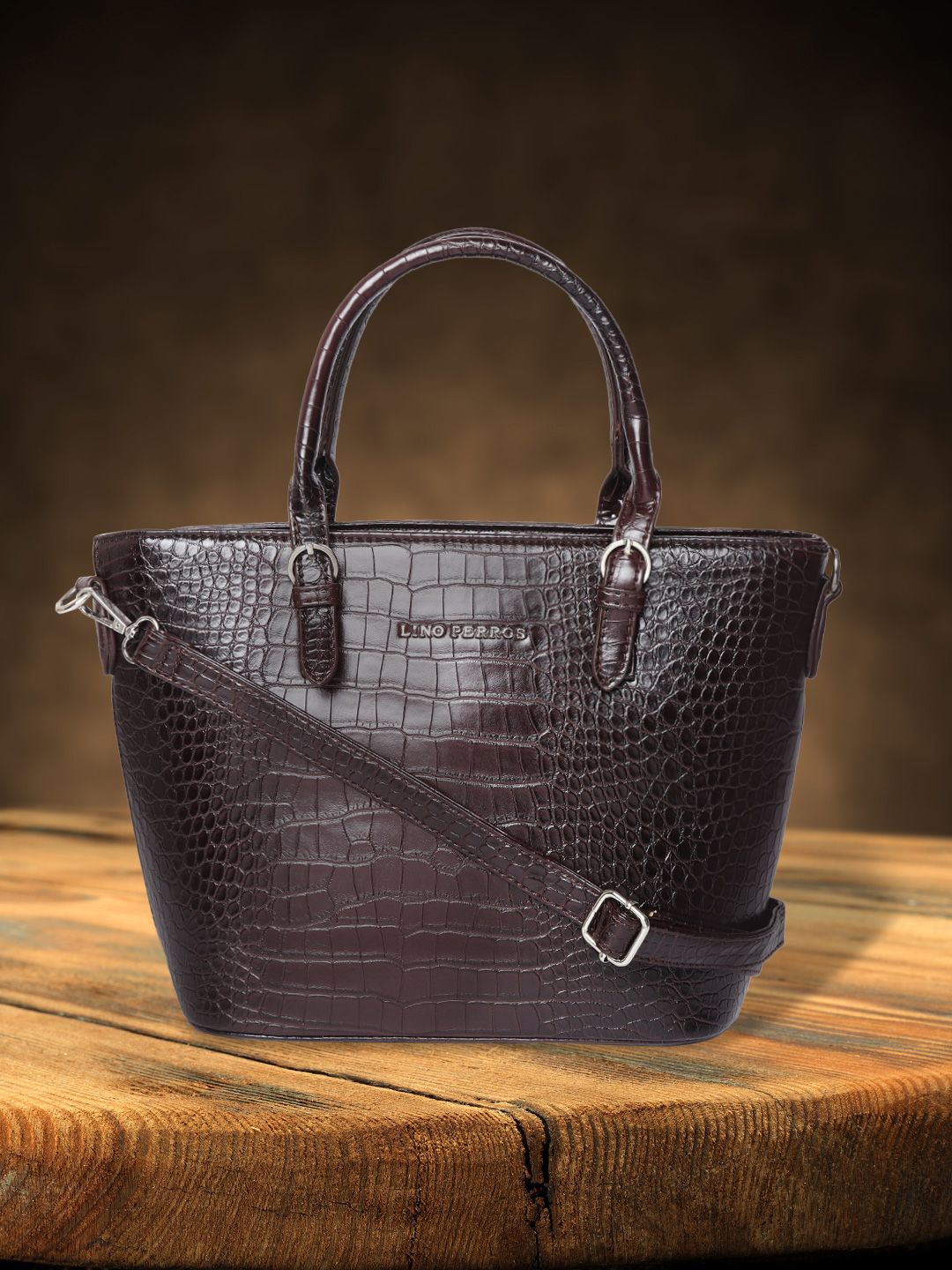 Lino Perros Coffee Brown Croc Textured Handheld Bag