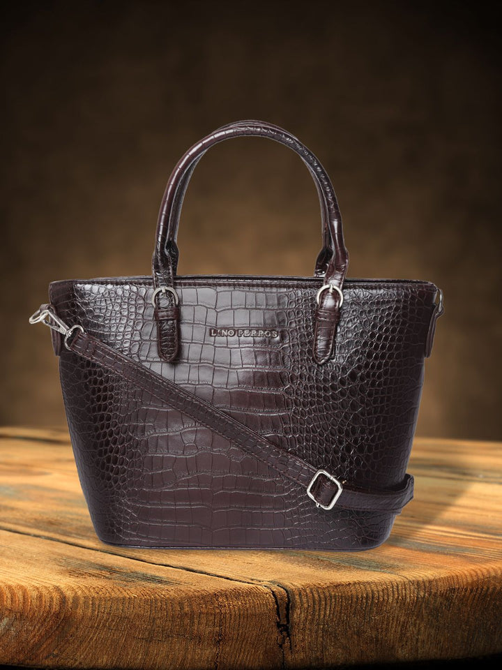 Lino Perros Coffee Brown Croc Textured Handheld Bag