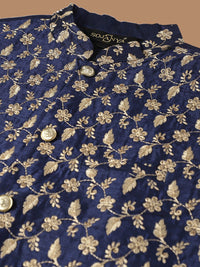 SOJANYA Etnik Sulam Labuci Kapas Tulen Kurta & Churidar Dengan Jaket Nehru