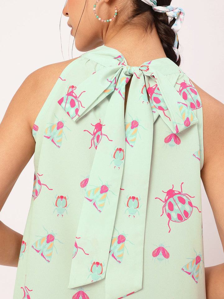 DressBerry Fabulous-Fly Knotty Halter-Neck Bug Printed Mini Dress