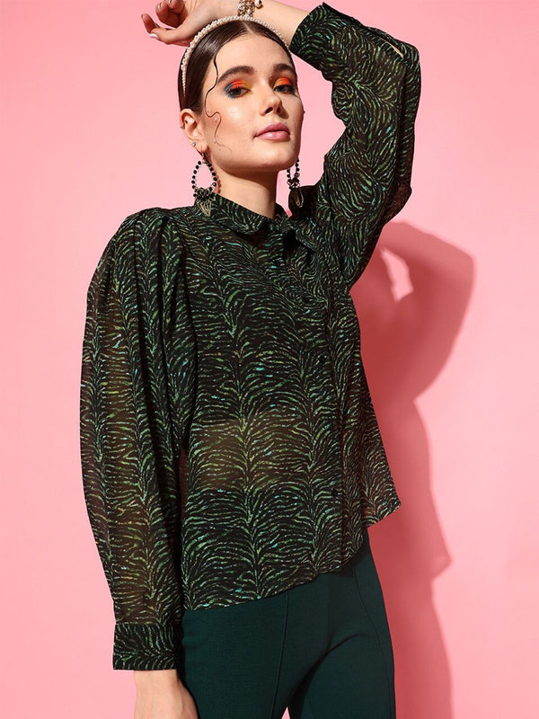 Jalan 9 Wanita Green Comfort Boxy Sheer Dicetak Baju Kasual