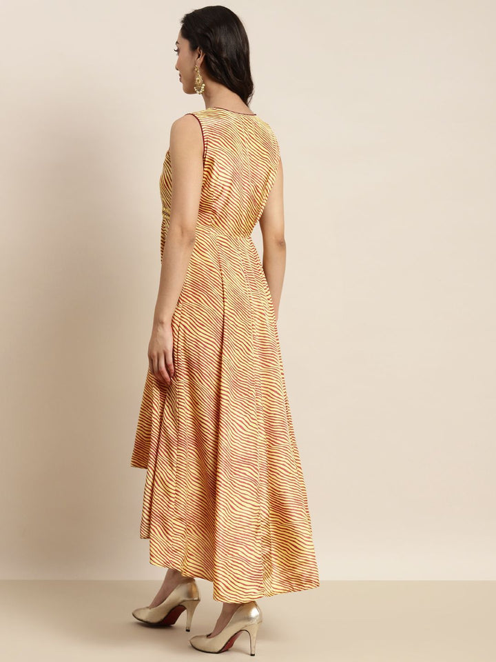Shae by SASSAFRAS Mustard Yellow & Brown Lehariya High Low Crepe Anarkali Maxi Dress