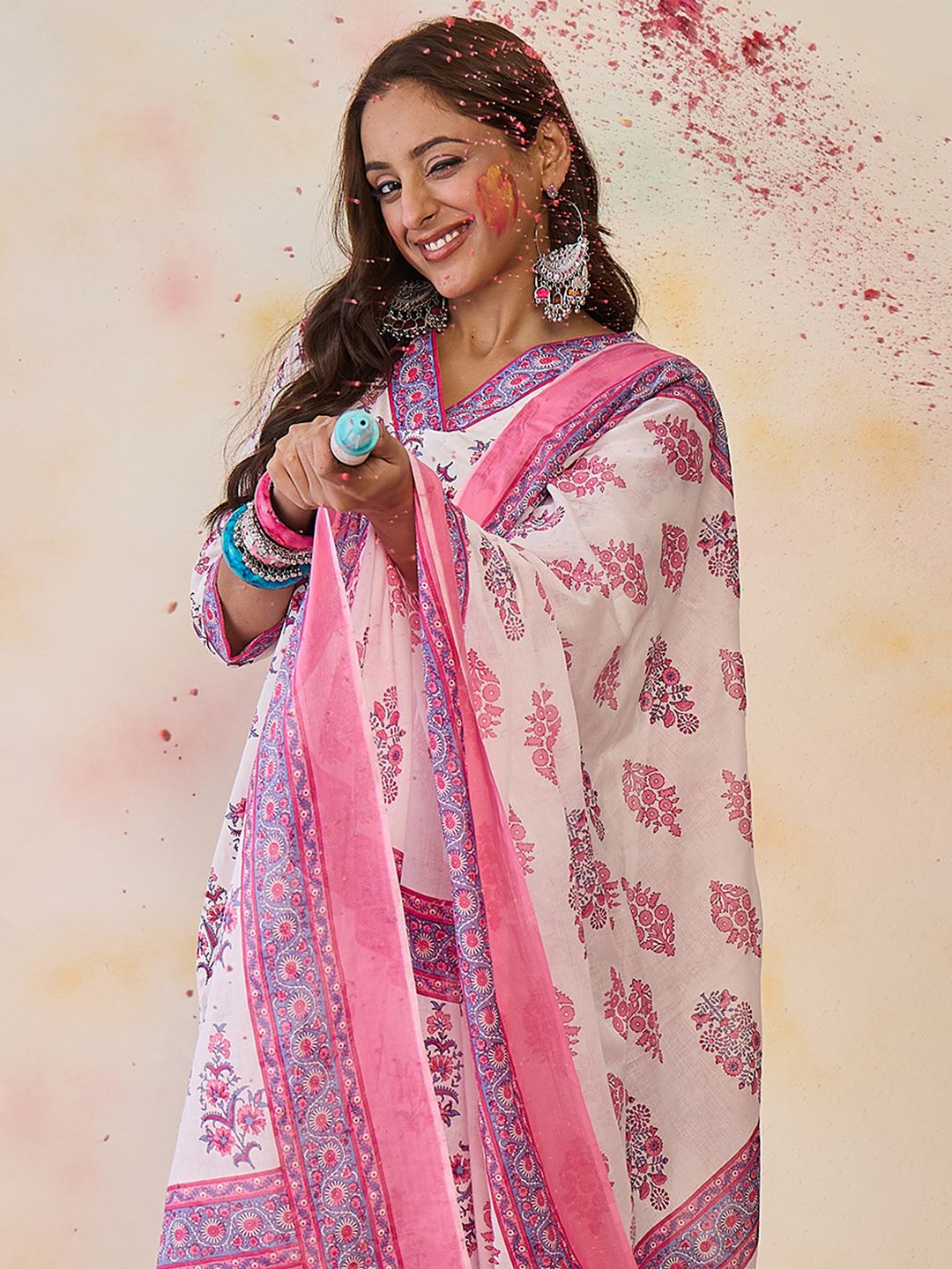 Indo Era Floral Printed Pure Cotton Kurta With Palazzos & Dupatta