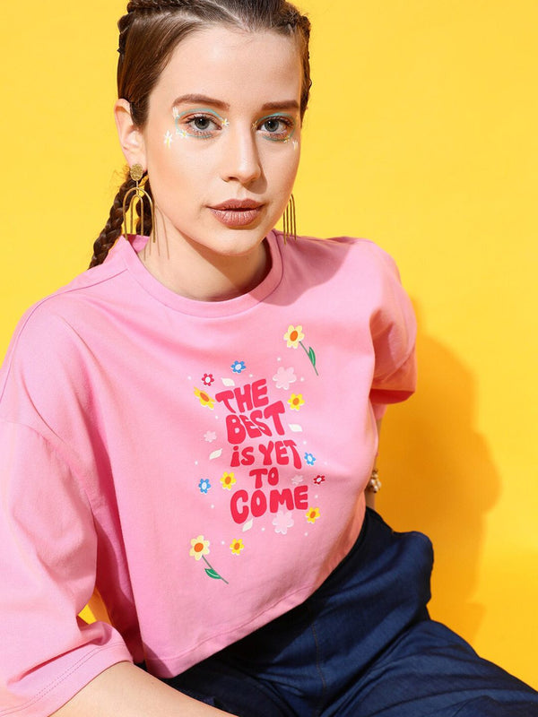 Jalan 9 wanita merah jambu tipografi bercetak bio selesai t-shirt tanaman berkotak tulen