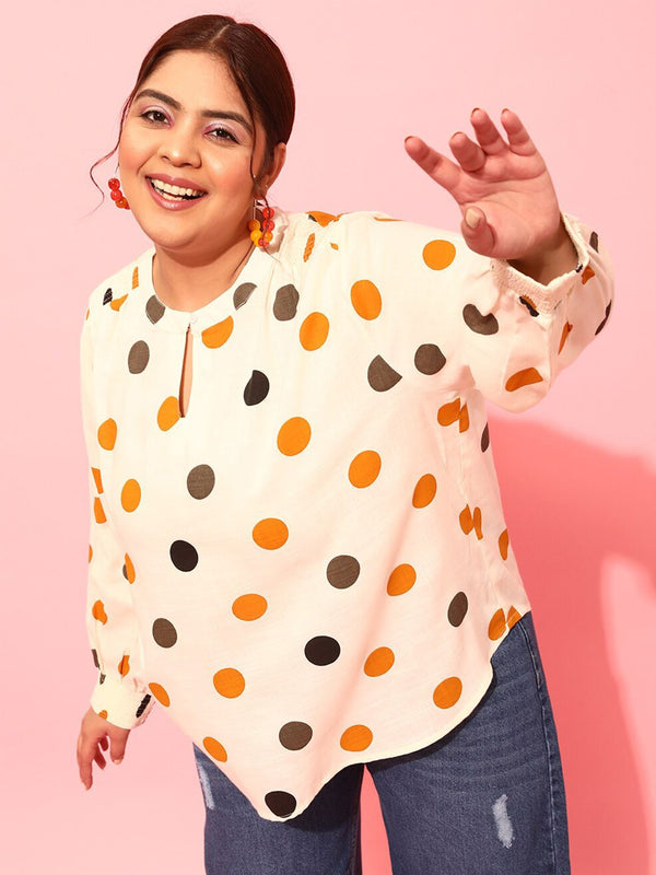 CURVY STREET Polka Dots Polka Dot Printed Smocked Shirt Style Top