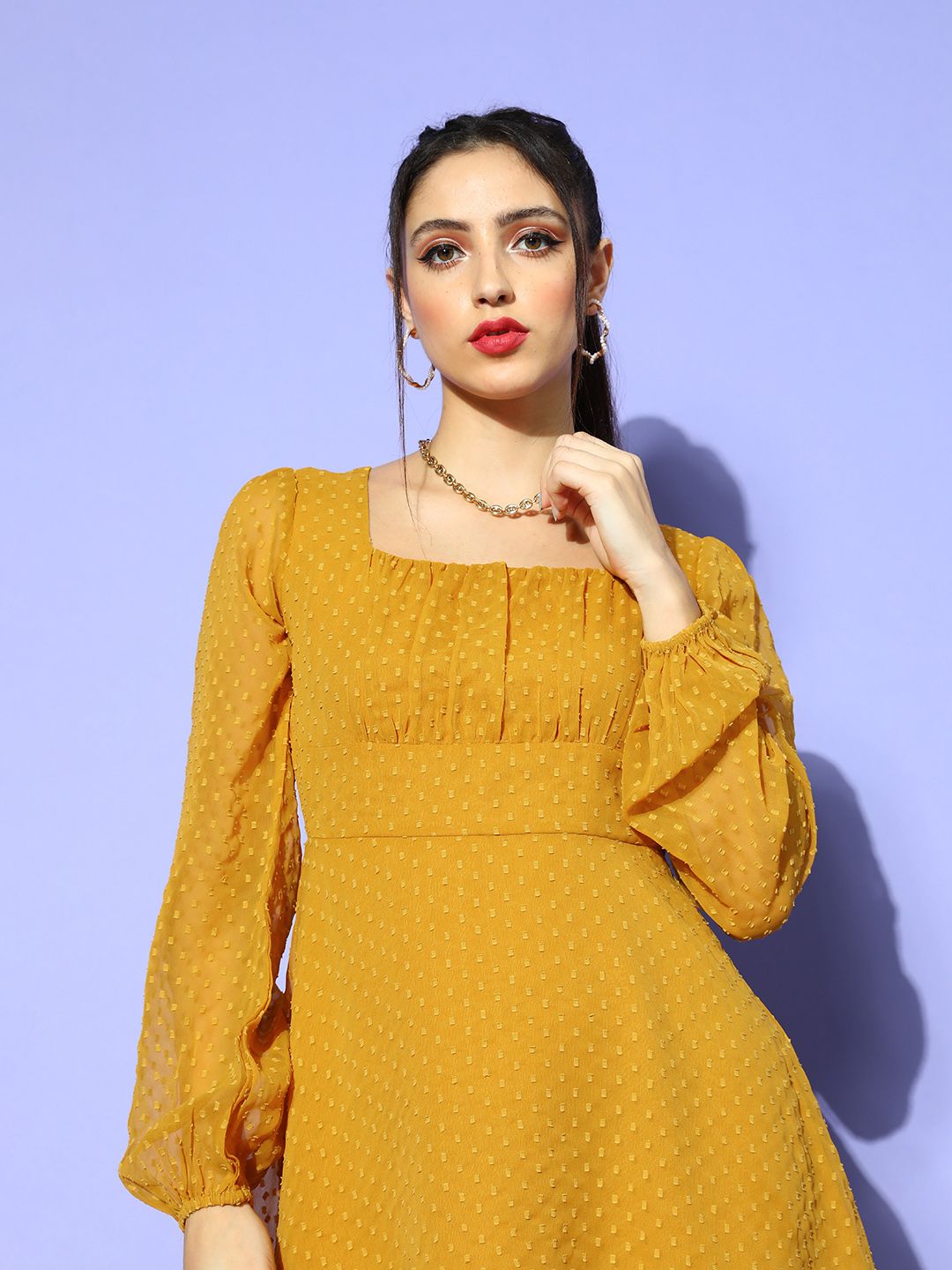 Berrylush Women Mustard Self-Design Once Upon a Sleeve Dress