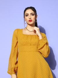 Berrylush Women Mustard Self-Design Once Upon a Sleeve Dress