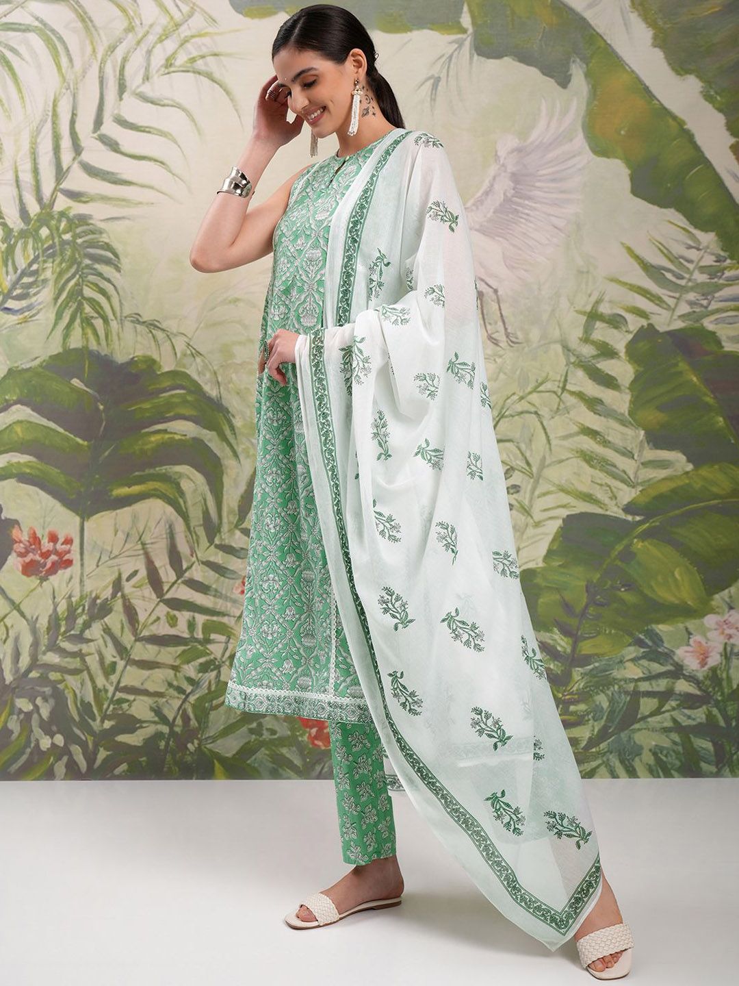 Vishudh White Floral Printed Gotta Patti Pure Cotton A-Line Kurta With Trousers & Dupatta