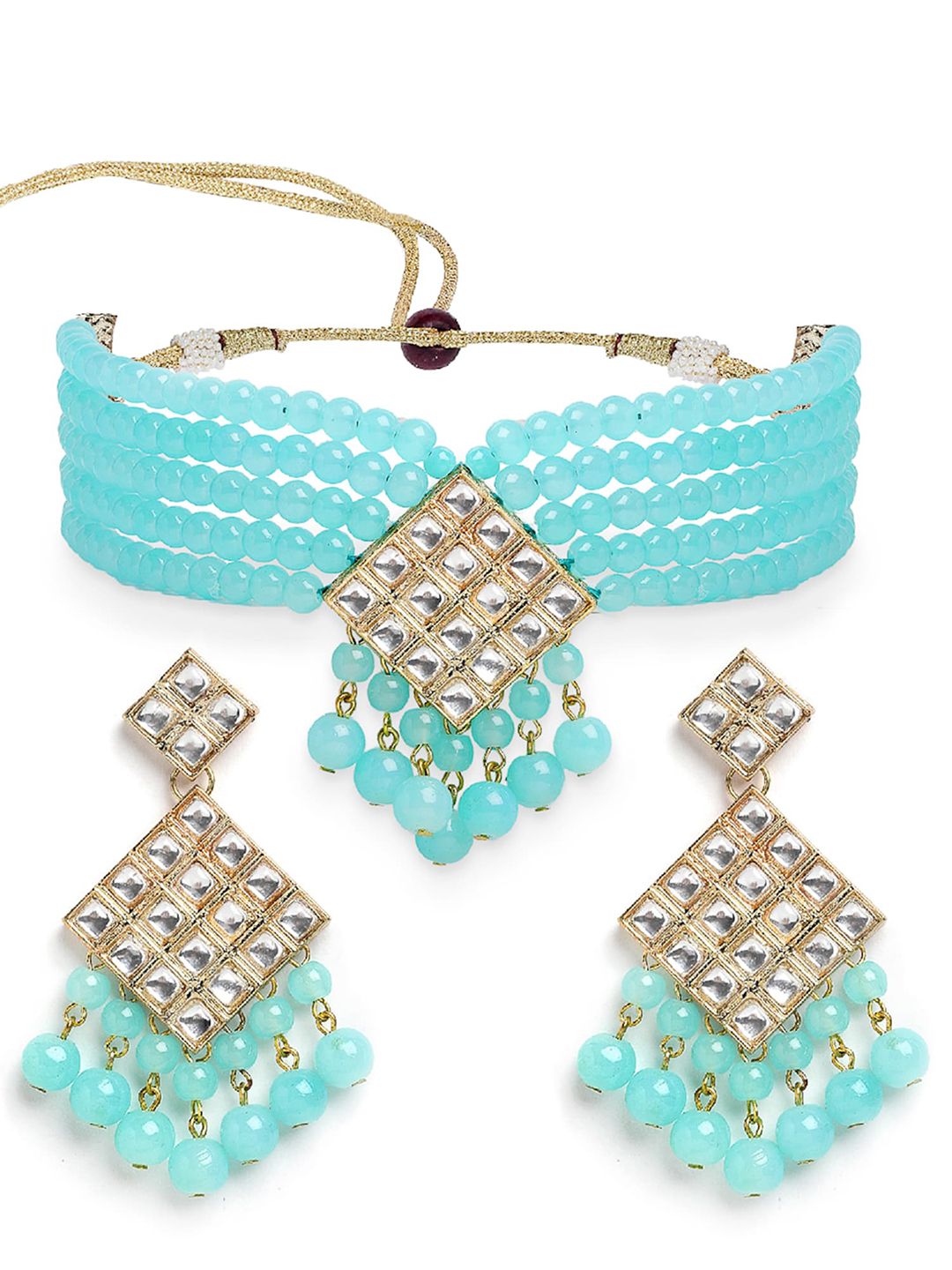 KARATCART Gold-Plated White & Blue Kundan-Studded & Beaded Jewellery Set