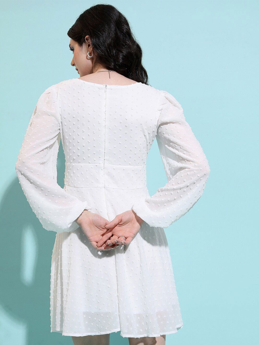 Tokyo Talkies Cream Self Design Pleated Fit &amp; Flare Midi Dress