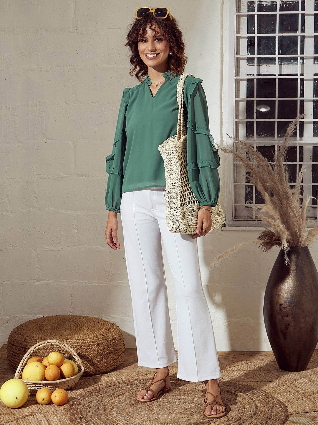 SASSAFRAS Sea Green V-Neck Puff Sleeves Ruffled Top