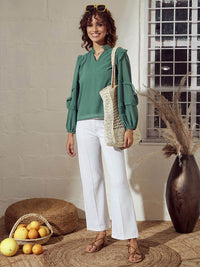 SASSAFRAS Sea Green V-Neck Puff Sleeves Ruffled Top