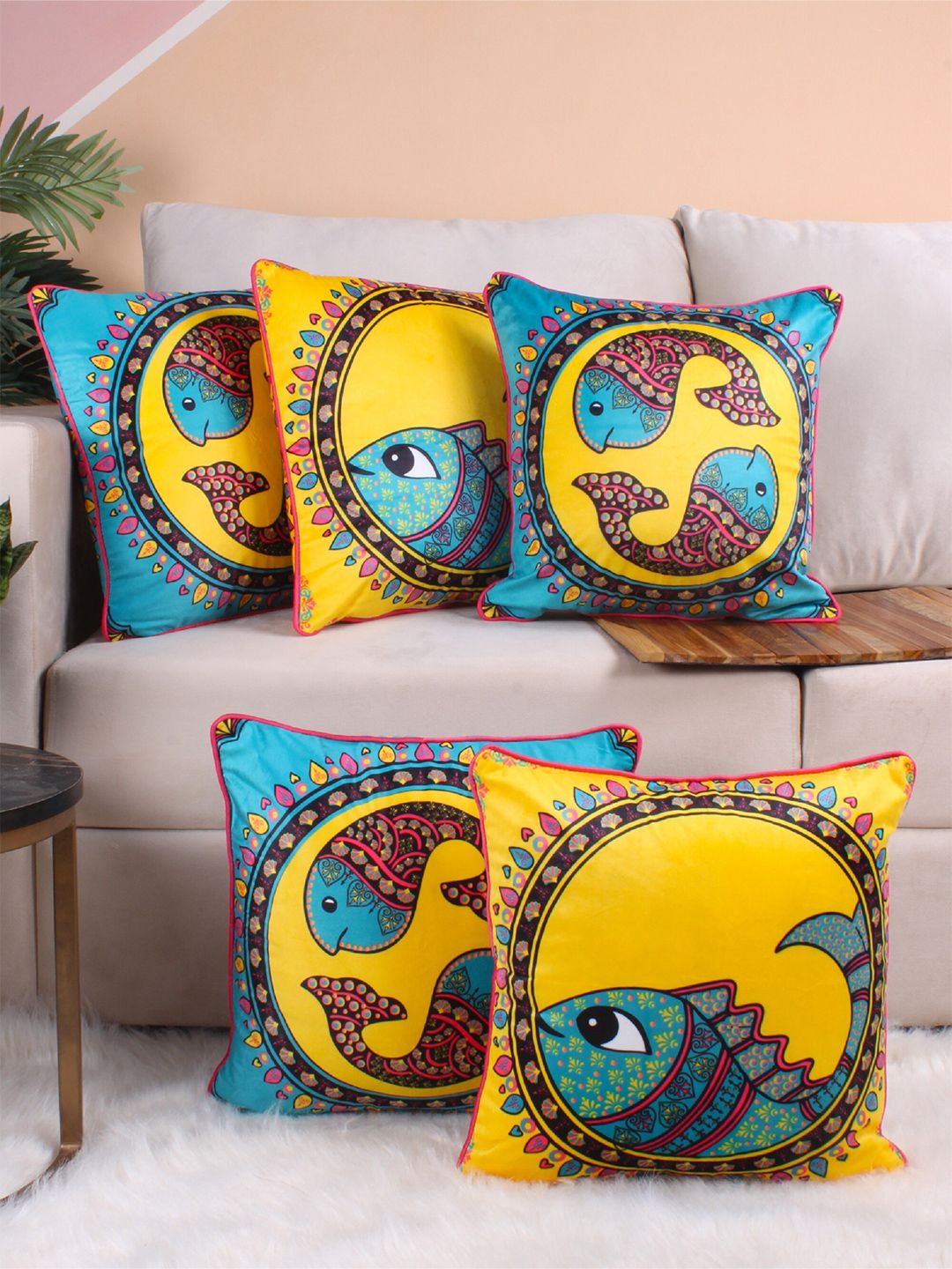 STITCHNEST Yellow & Turquoise Blue 5 Pieces Printed Velvet Square Cushion Covers