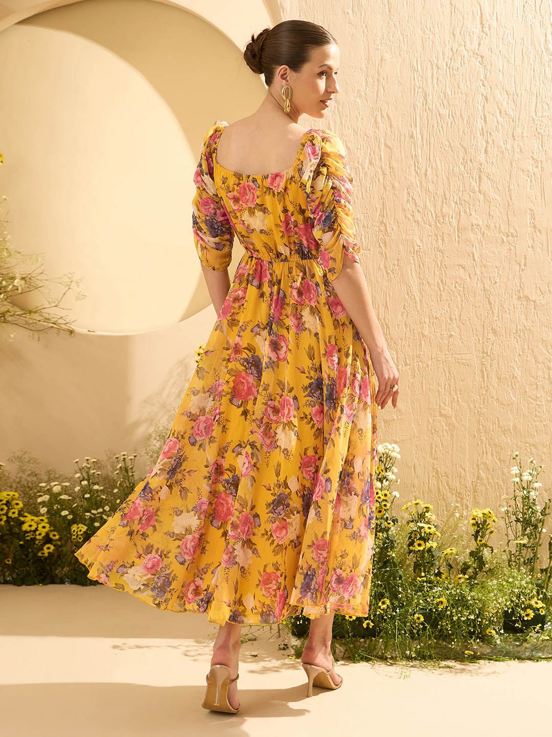 Antheaa Embellished Floral Print Chiffon Maxi Dress
