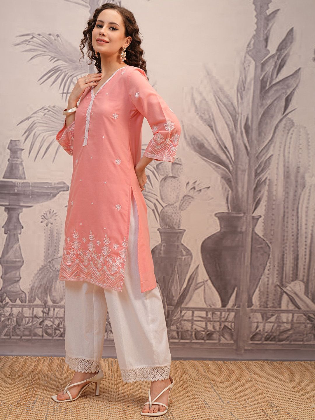 Vishudh Peach Coloured Floral Embroidered V-Neck Straight Kurta