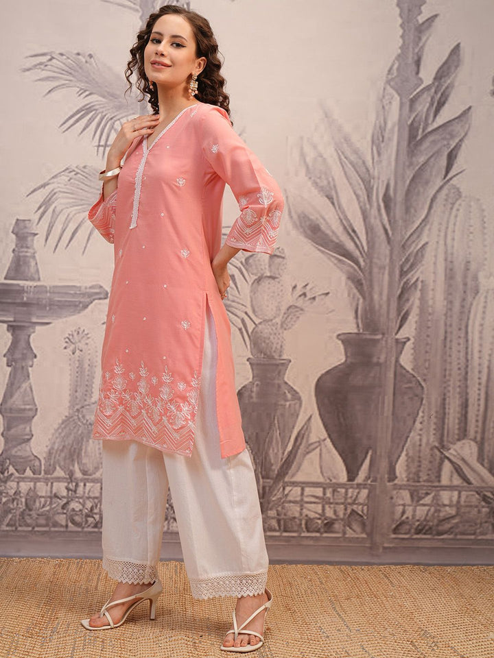 Vishudh Peach Coloured Floral Embroidered V-Neck Straight Kurta