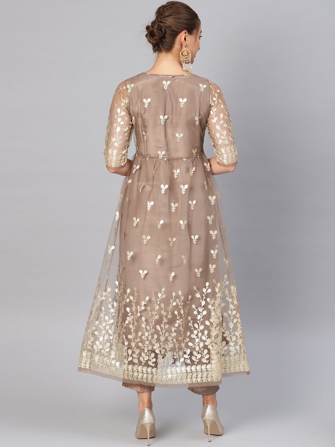 Libas Women Brown & Golden Self design Kurta with Trousers