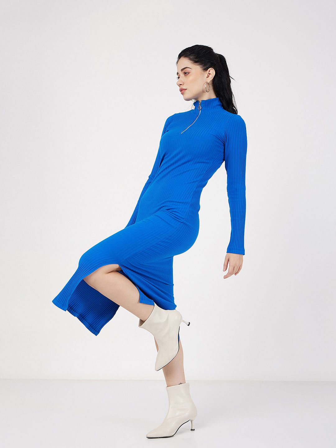 SASSAFRAS Ribbed High Neck Cotton Knitted Sheath Dress
