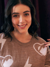Berrylush Brown Graphic Printed Round Neck Acrylic Pullover Sweater