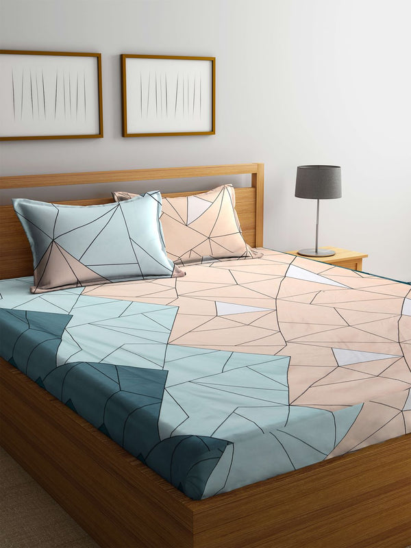KLOTTHE Geometric Printed 300 TC Fitted Double Bed Sheet with 2 Pillow Covers