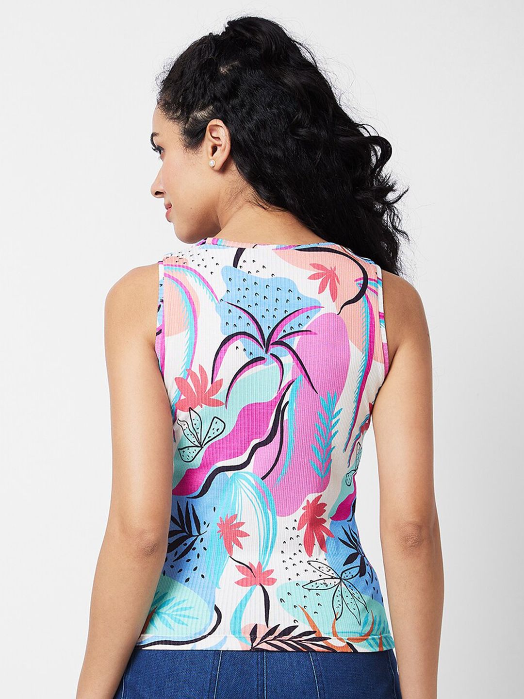SPYKAR Floral Printed Sleeveless Cotton T-shirt