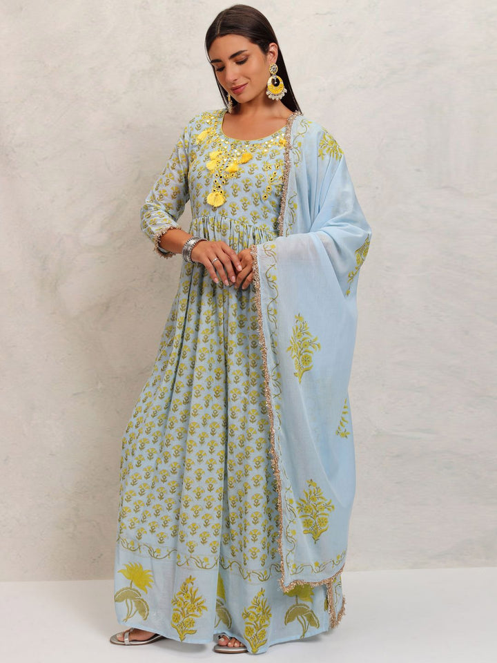 Vishudh Blue Floral Printed Mirror Work Pure Cotton Anarkali Kurta With Trousers & Dupatta
