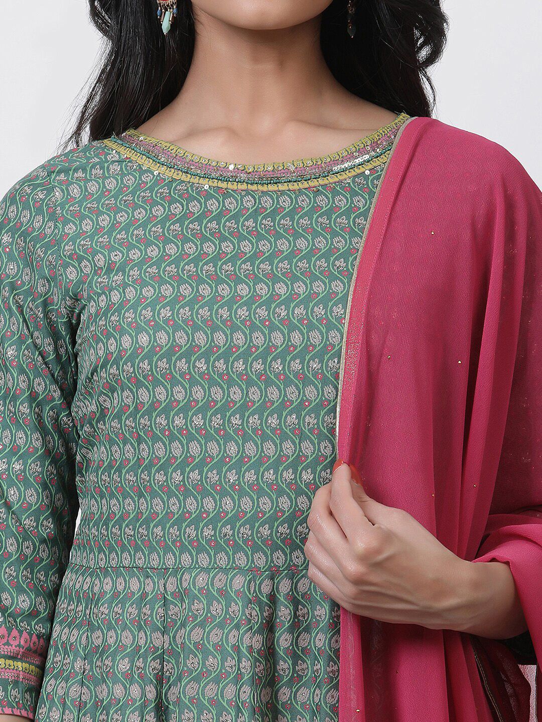 W Floral Printed Round Neck Maxi Dress With Dupatta