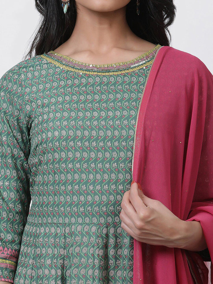 W Floral Printed Round Neck Maxi Dress With Dupatta