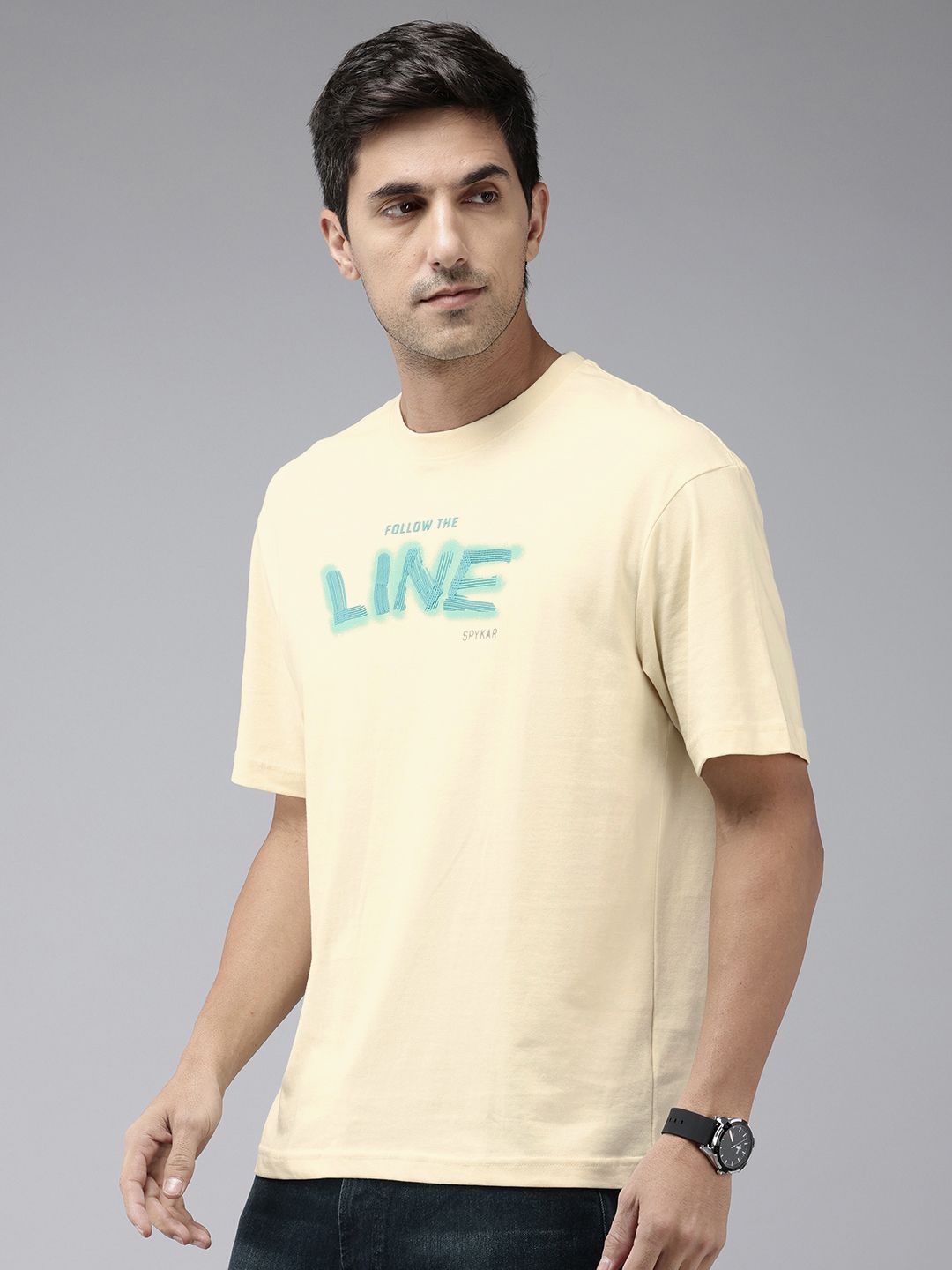 SPYKAR Typography Printed Drop-Shoulder Sleeves Oversized T-shirt