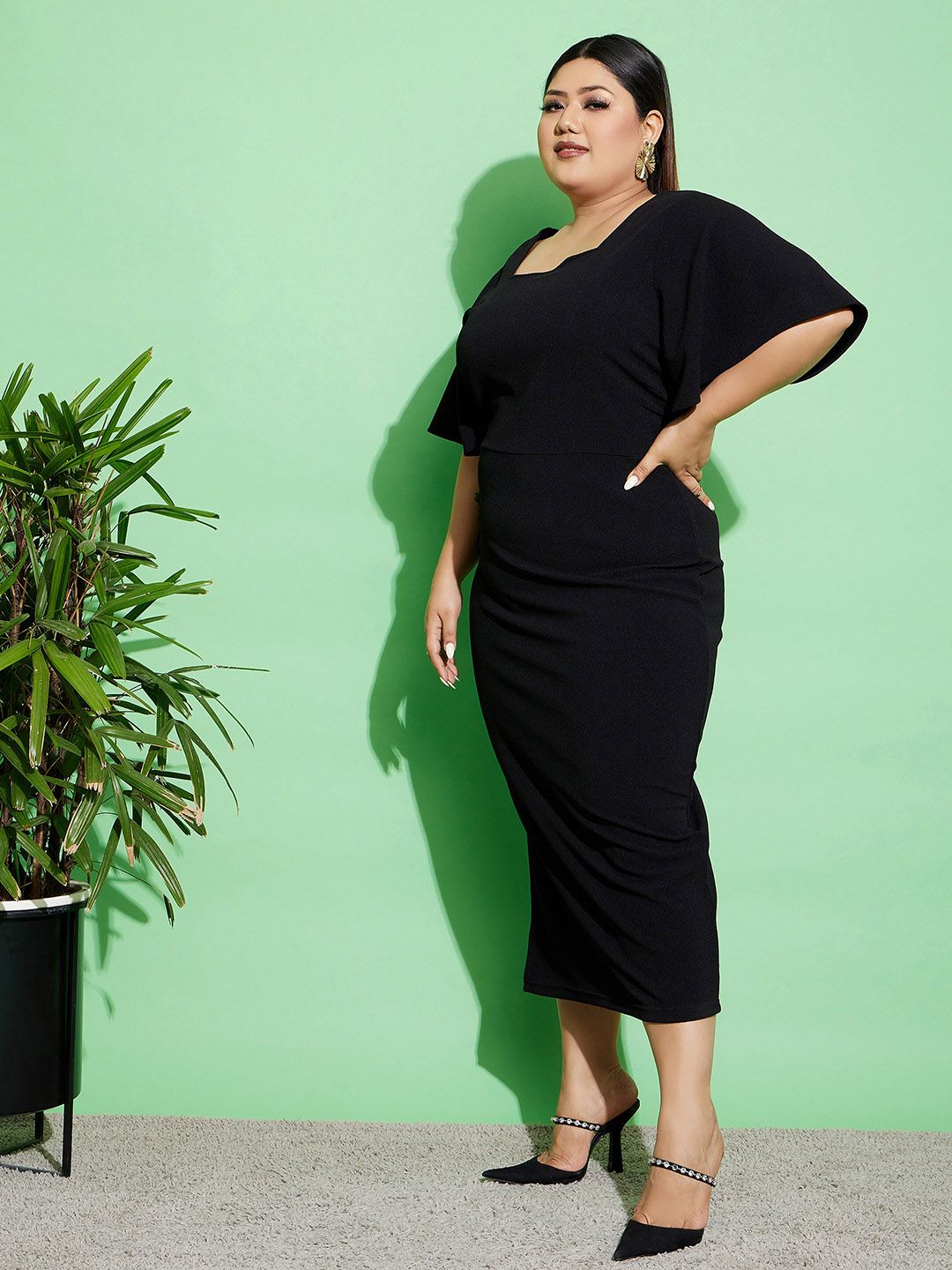 SASSAFRAS Curve Plus Size Square Neck Flutter Sleeves Bodycon Midi Dress