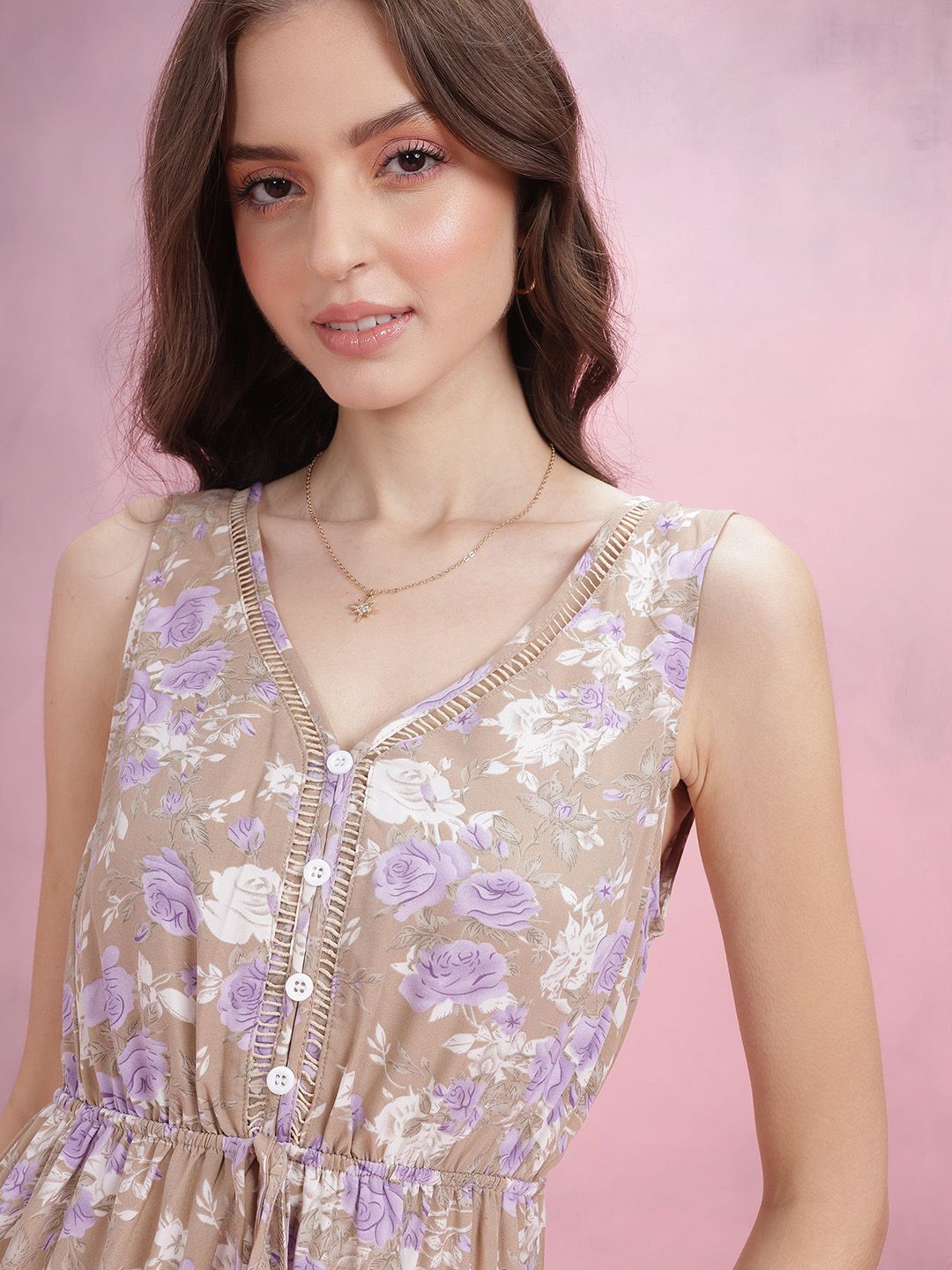 DressBerry V-Neck Floral Printed Tired A-Line Midi Dress