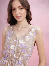DressBerry V-Neck Floral Printed Tired A-Line Midi Dress