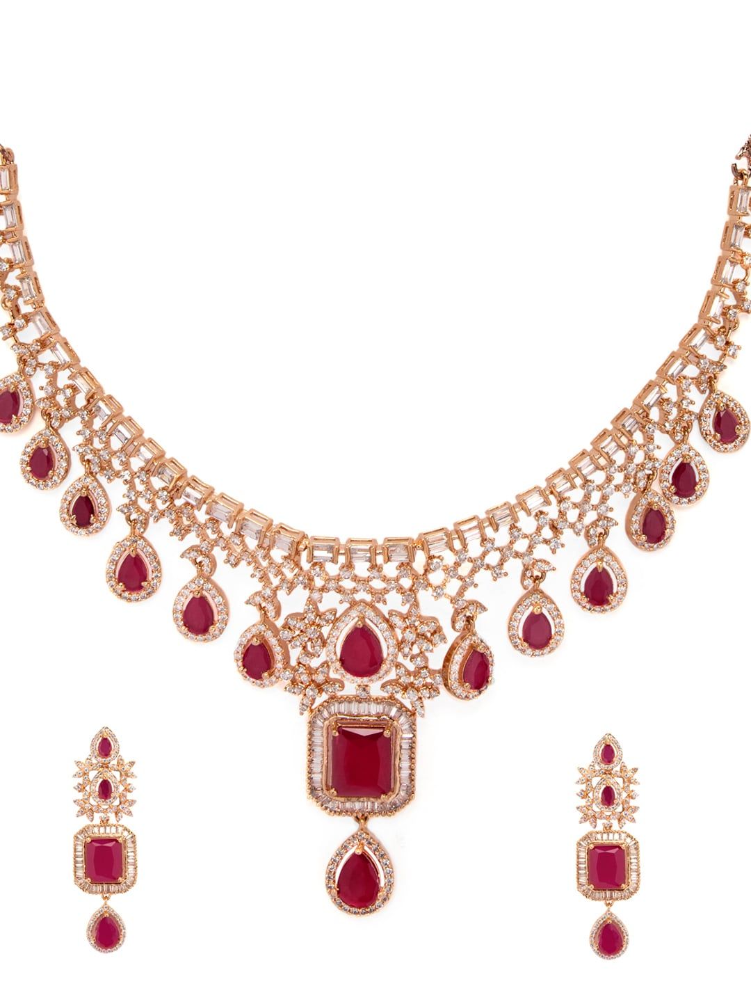 Rubans 24K Rose Gold Plated Pink Sapphire & CZ  Studded Handcrafted Premium Jewellery Set