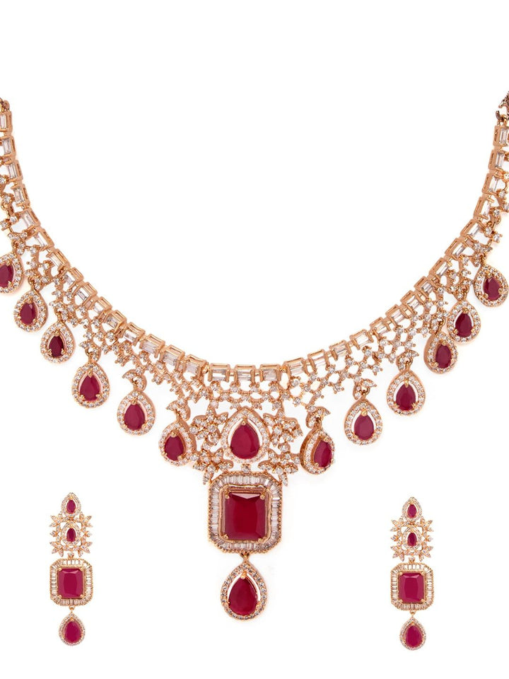 Rubans 24K Rose Gold Plated Pink Sapphire & CZ  Studded Handcrafted Premium Jewellery Set