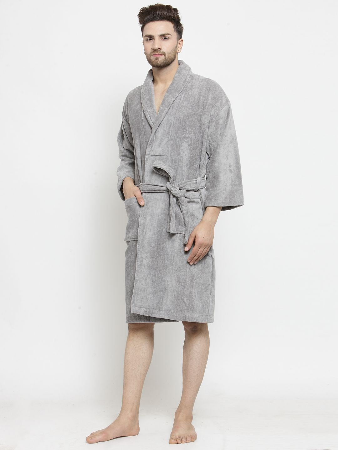 MYTRIDENT Unisex Grey Solid Bath Robe