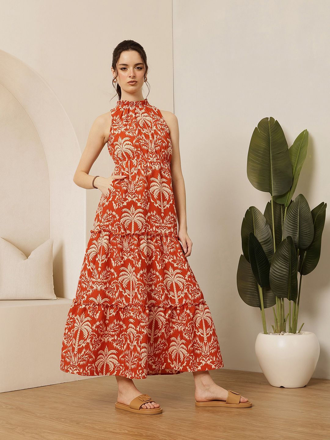 STREET 9 Women Tropical Print Halter Neck Tiered Cotton Fit & Flare Maxi Dress