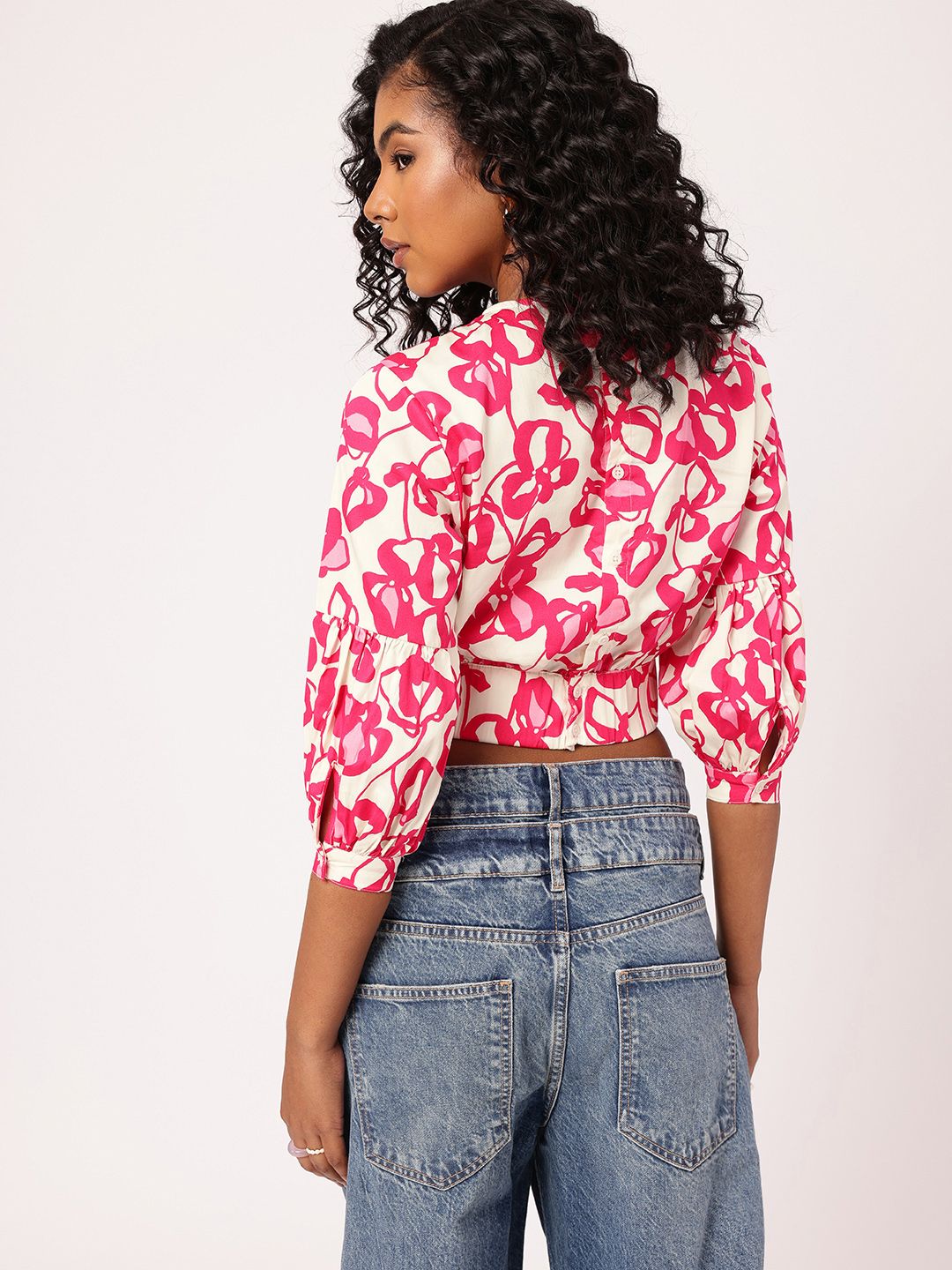 DressBerry Holiday Floral Splash Printed Cinched Waist Crop Top