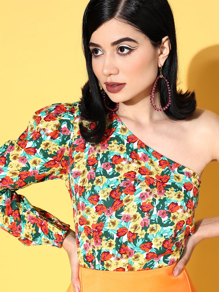 Berrylush Charming Red Floral Asymmetry Top