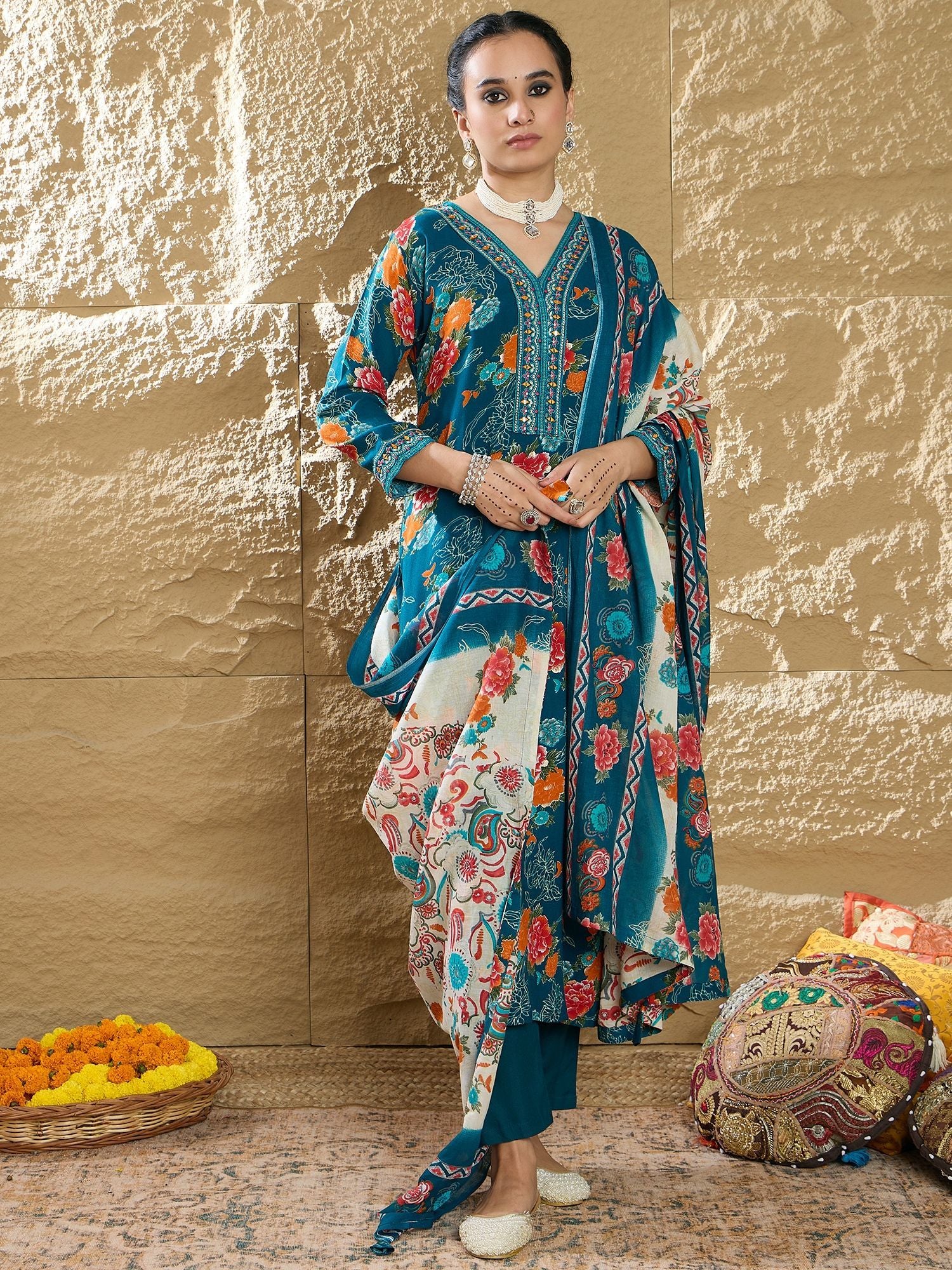 Indo Era Floral Printed Mirror Work V-Neck Straight Kurta With Trousers And Dupatta